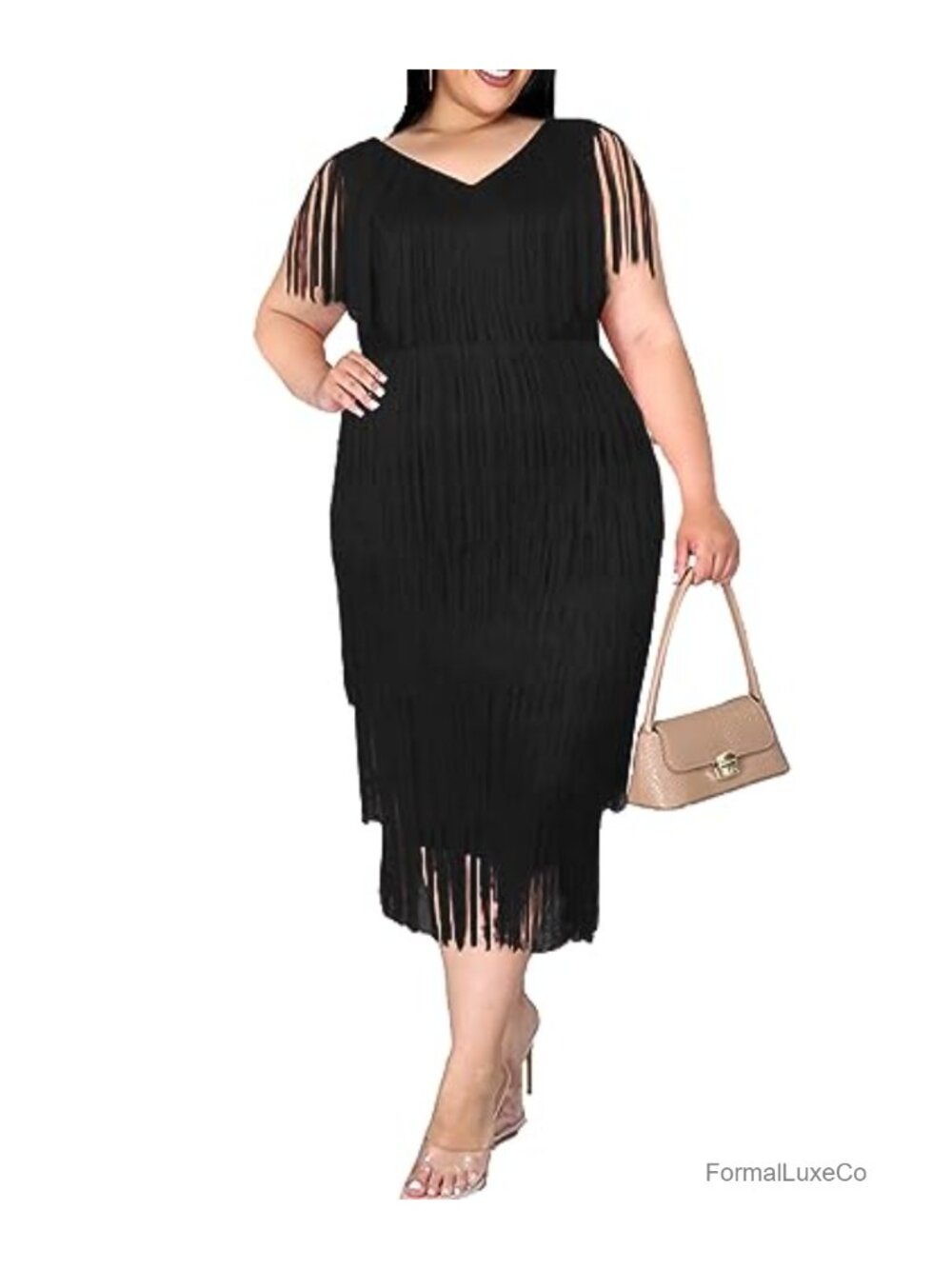 Plus Size 1920s Flapper Fringe Midi Dress Deep V Neck Sleeveless Bodycon Prom